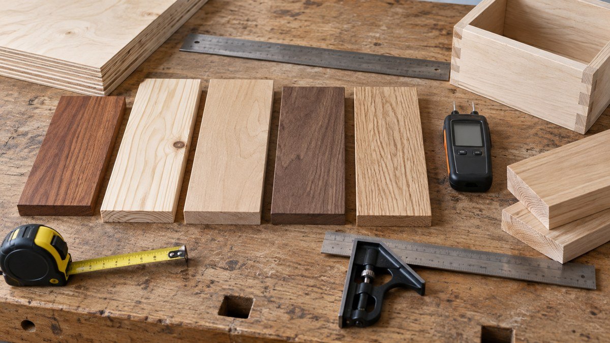 Wood and plywood samples arranged with a moisture meter, tape measure, square, ruler, and unfinished box.