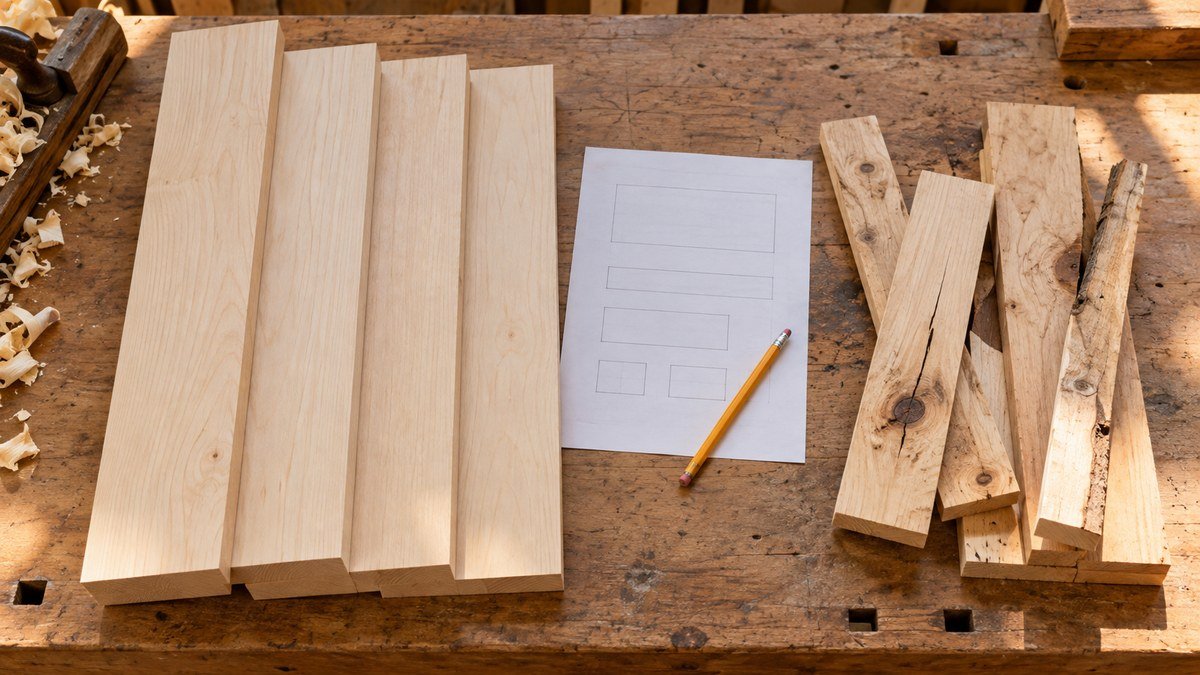 Clean project boards separated from knotted and checked offcuts on a woodworking bench.