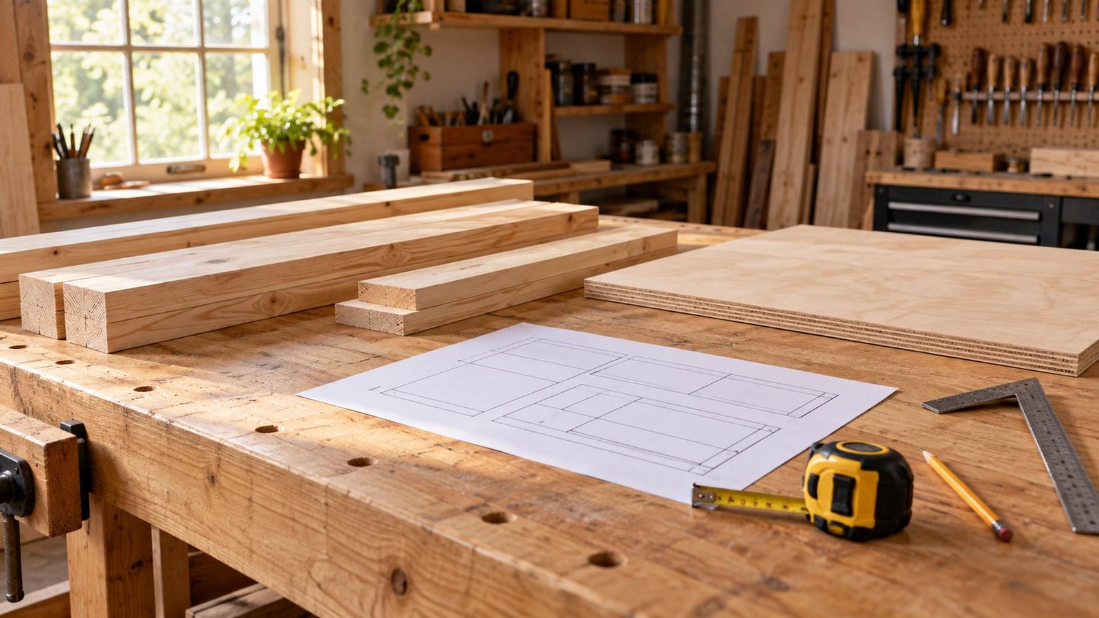 Lumber, plywood, a tape measure, square, pencil, and abstract cut layout arranged on a warm workshop bench.