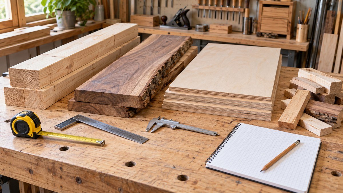 Lumber, plywood, offcuts, measuring tools, and a blank grid notebook arranged for comparison.