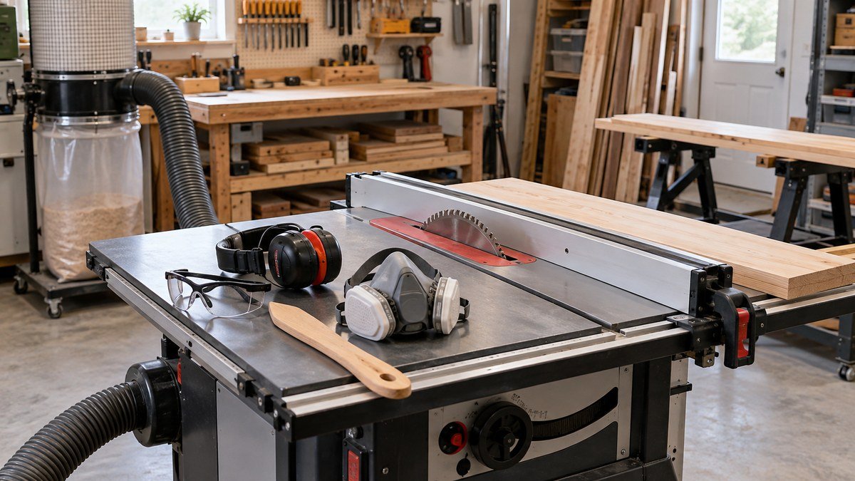 Safety glasses, hearing protection, respirator, push stick, and dust collection arranged beside a table saw.
