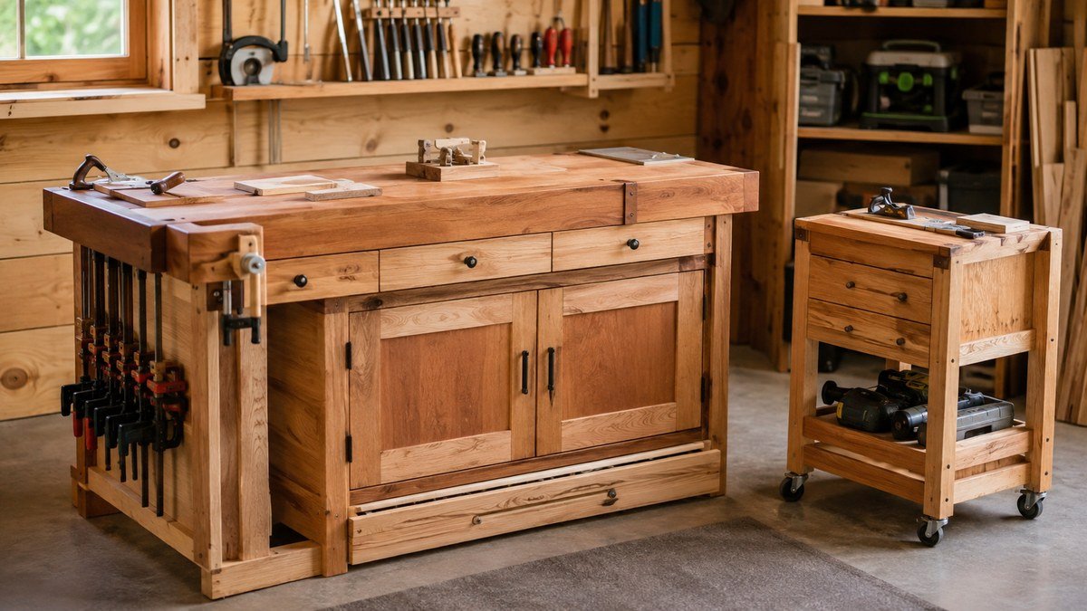 Wooden workbench with built-in cabinets and drawers beside a compact rolling tool cart.