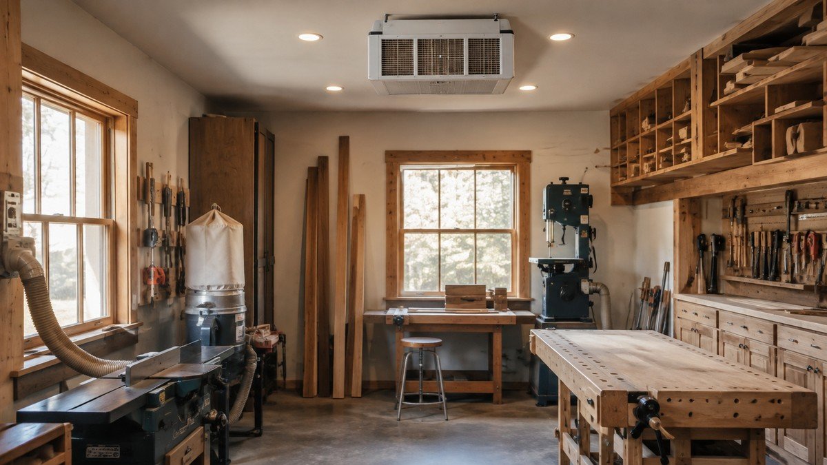 Ceiling-mounted ambient air cleaner above a compact workshop with source extraction equipment below.