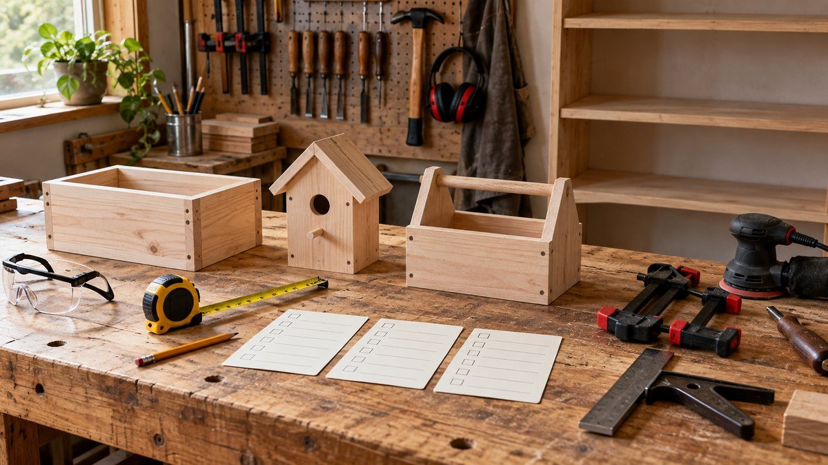 Three small wood projects, blank checklists, measuring tools, clamps, safety glasses, and a sander arranged on a workbench.