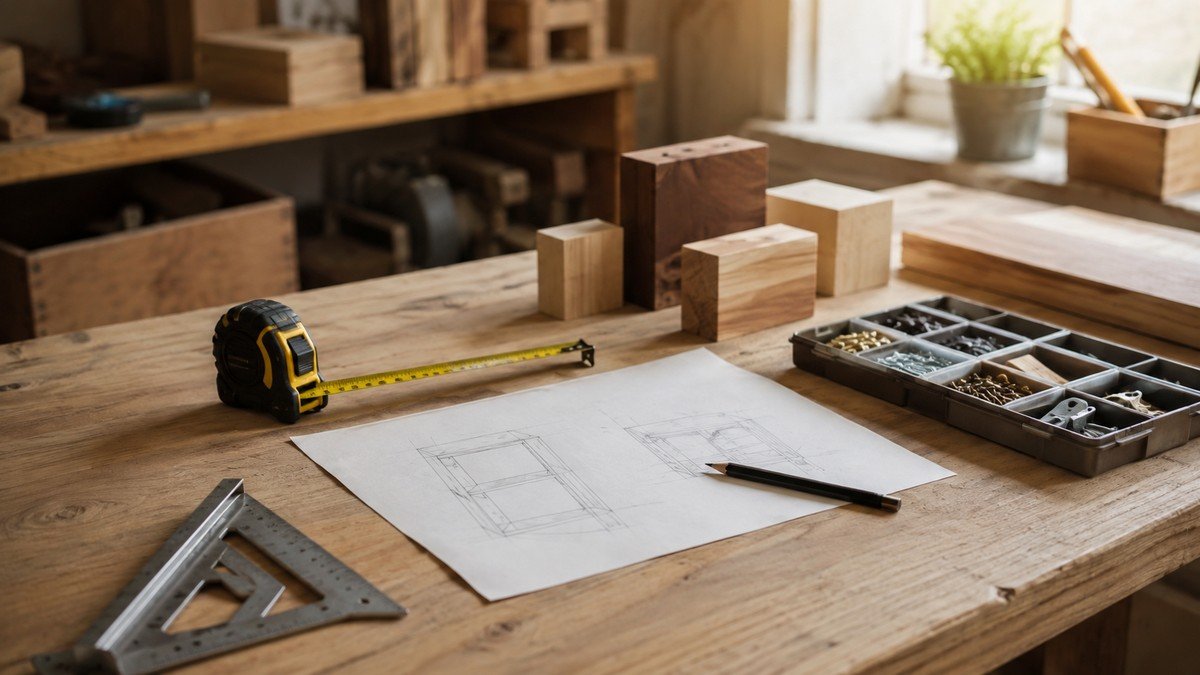 Workbench with measuring tools, plain layout sketches, wood blocks, and small storage hardware.