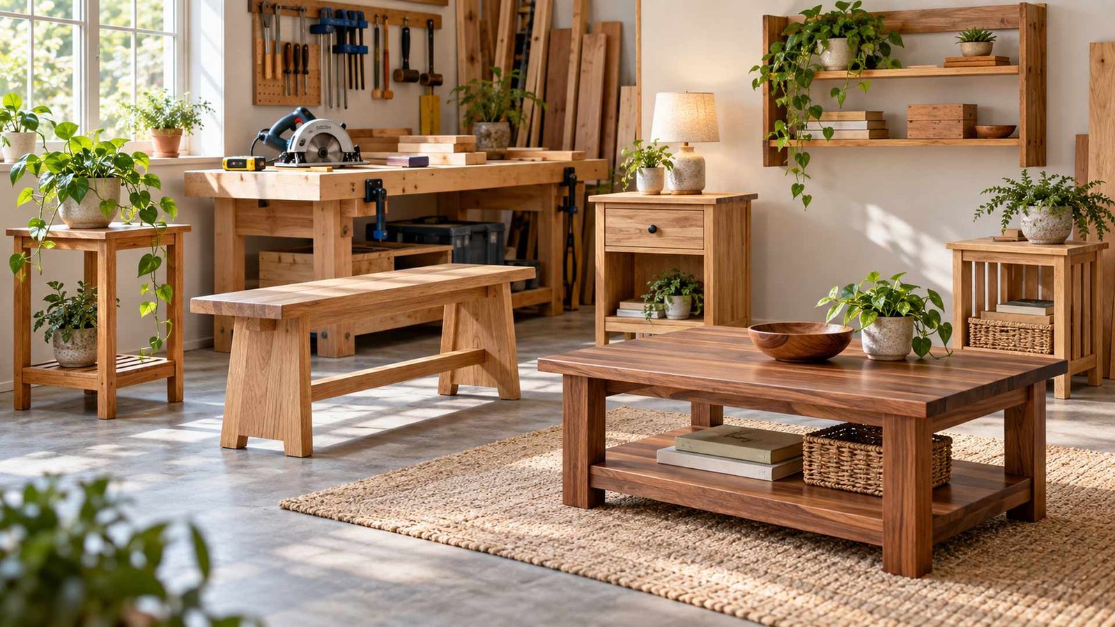 Beginner-friendly small furniture collection in a bright workshop without a table saw.