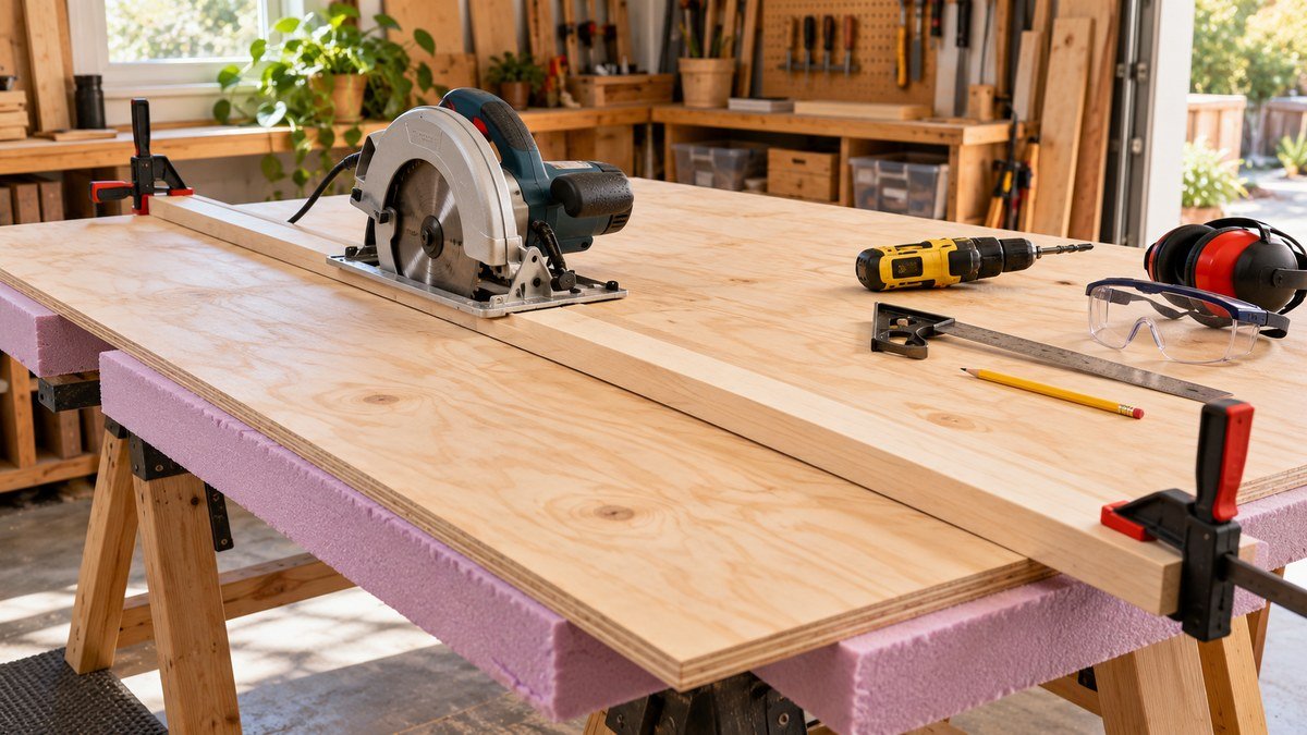 Circular saw guided by a clamped straightedge across supported plywood in a small workshop.
