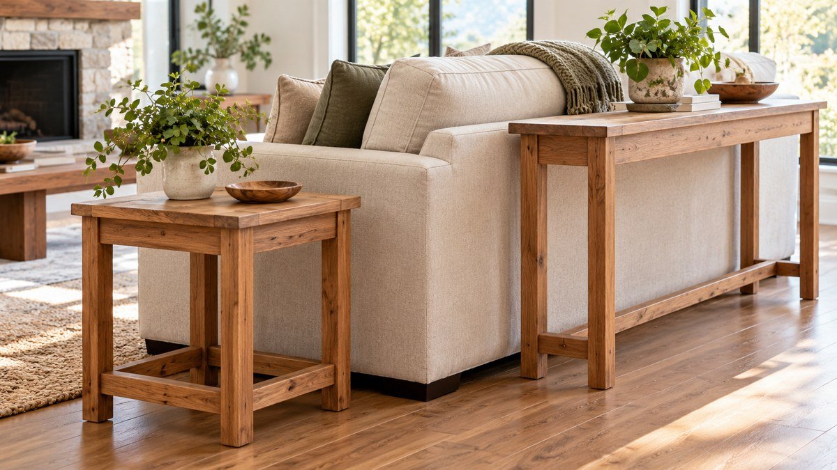 Handmade side table and narrow sofa table in a bright living room.
