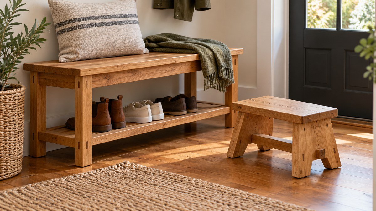 Wooden entryway bench with shoe shelf beside a low, stable step stool.