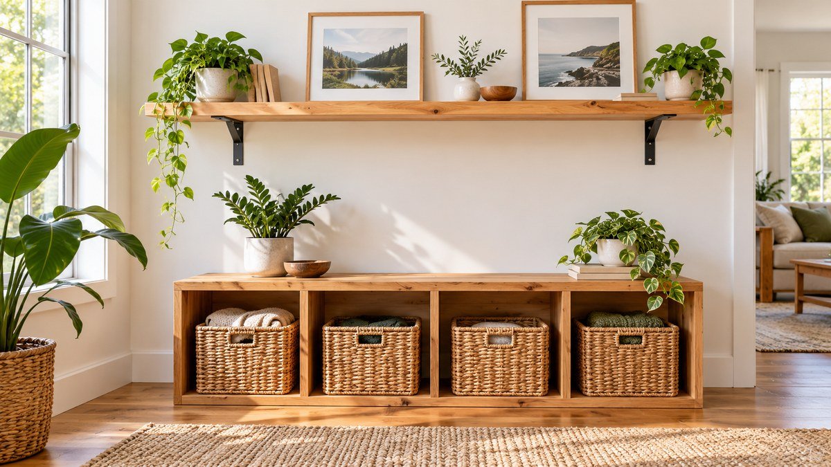 Wall-mounted wood display shelf above a crate-style storage cubby with baskets.