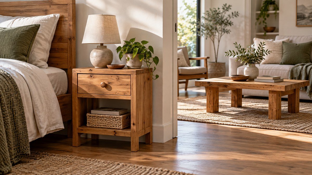 Compact wooden nightstand beside a bed and a small coffee table in the living room.