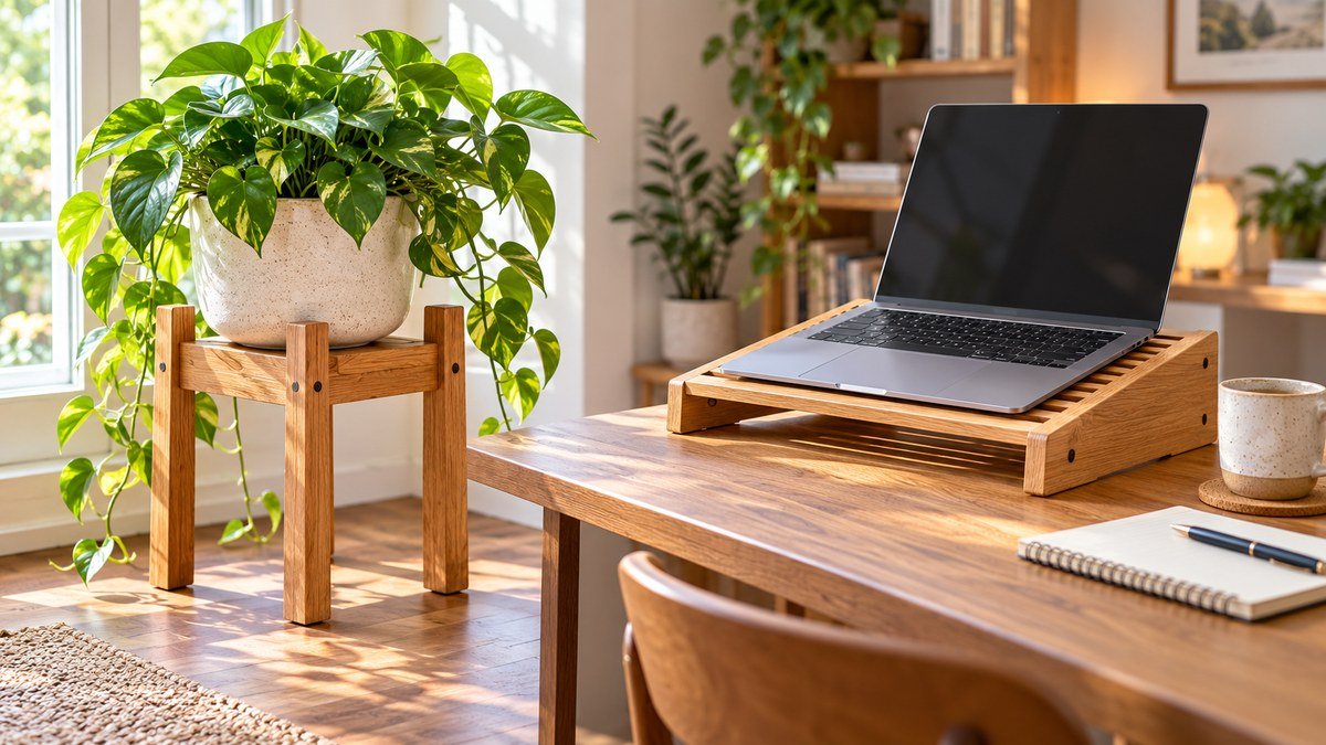Wooden plant stand and ventilated laptop stand in a bright home office.
