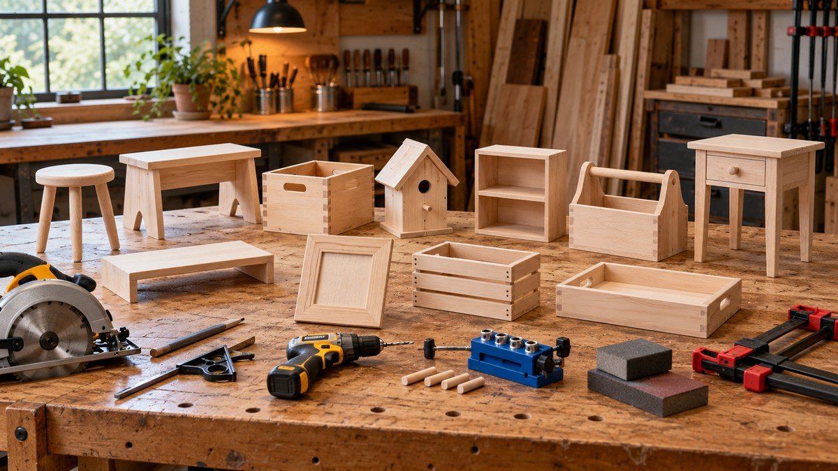 Miniature woodworking projects and handheld tools arranged on a workbench.